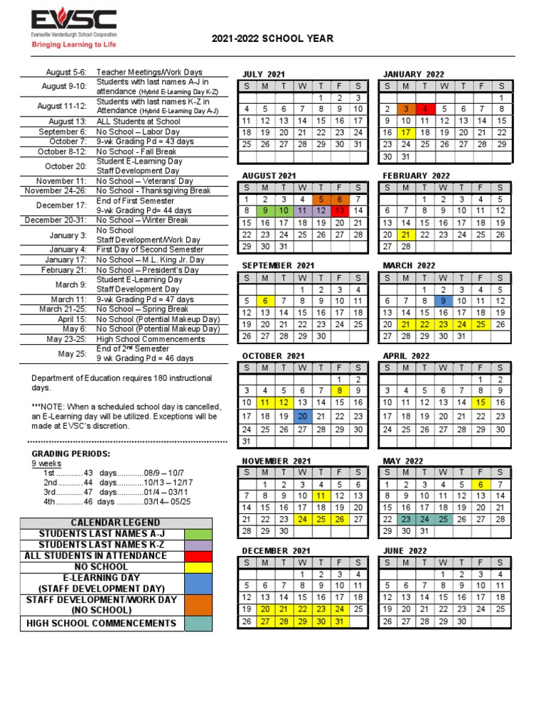 202122 Evsc Calendar PDF Academic Term Schools