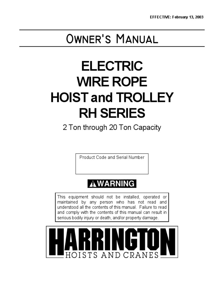 Electric Wire Rope Hoist and Trolley RH Series: Owner's Manual | PDF ...