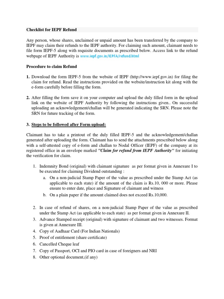 IEPF Refund Claim Process and Indemnity Bond | PDF | Indemnity | Business