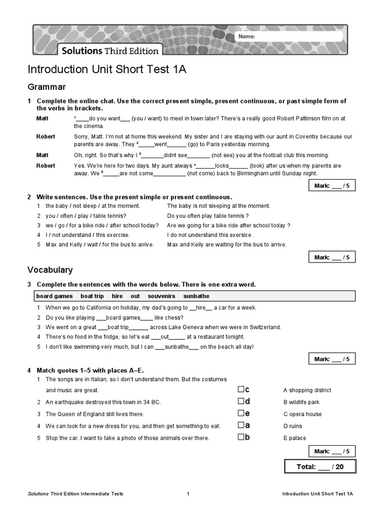Introduction Unit Short Test 1A: Grammar | Download Free PDF | Grammar ...