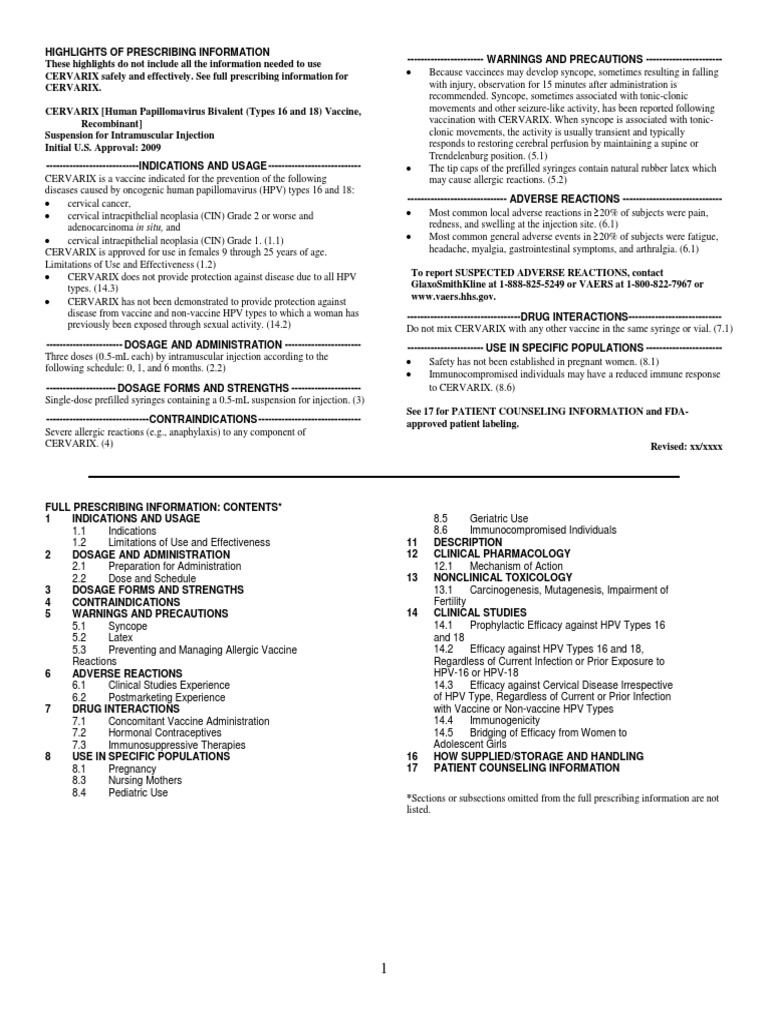 Package Insert Patient Information Cervarix PDF
