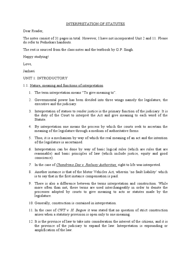 Interpretation of Statutes - Notes For Exams | PDF | Statutory ...