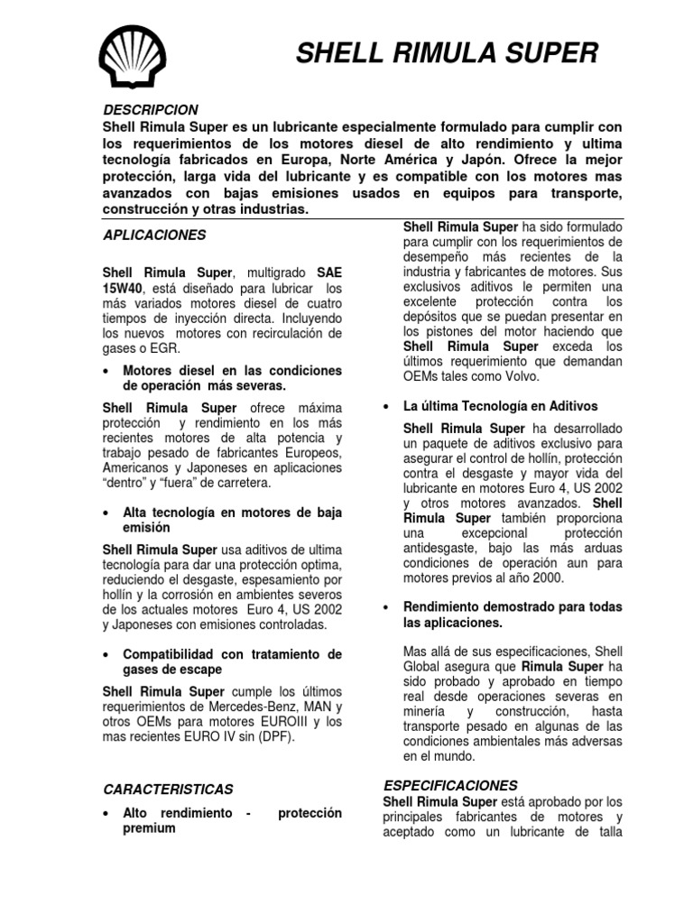 Shell Rimula Super | PDF | Lubricante | Motor diesel