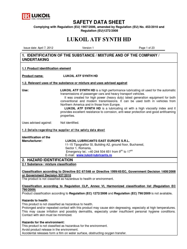 LUKOIL ATF SYNTH HD Safety Data Sheet | PDF | Toxicity | Firefighting