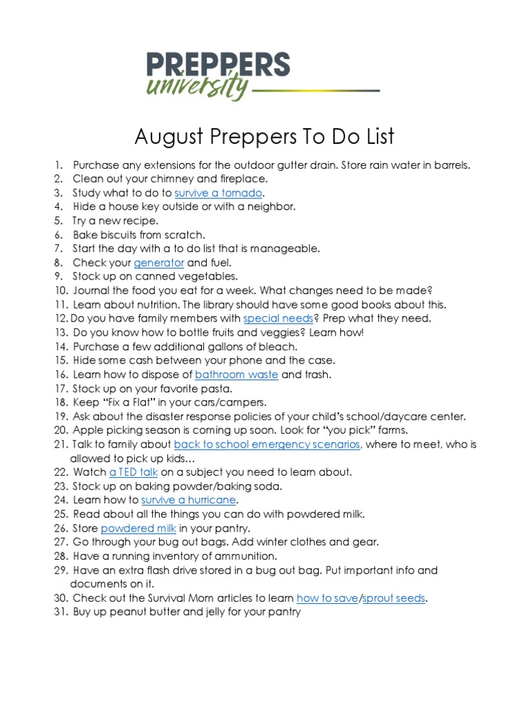 August Prepper Checklist for Survival | PDF