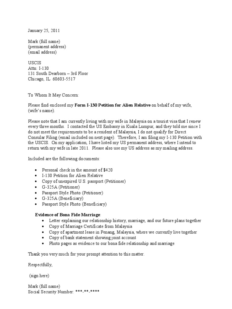 Sample Cover Letter for I130 Petition (CR1 Visa)