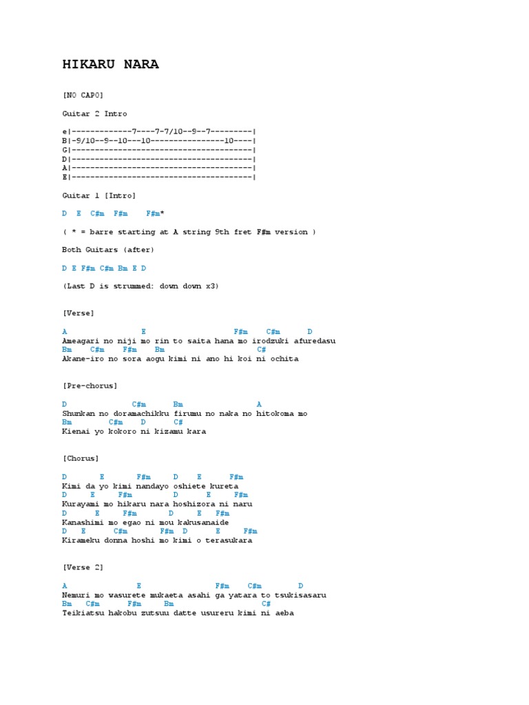 Chord: Hikaru nara - Nhạc Nhật - tab, song lyric, sheet, guitar, ukulele