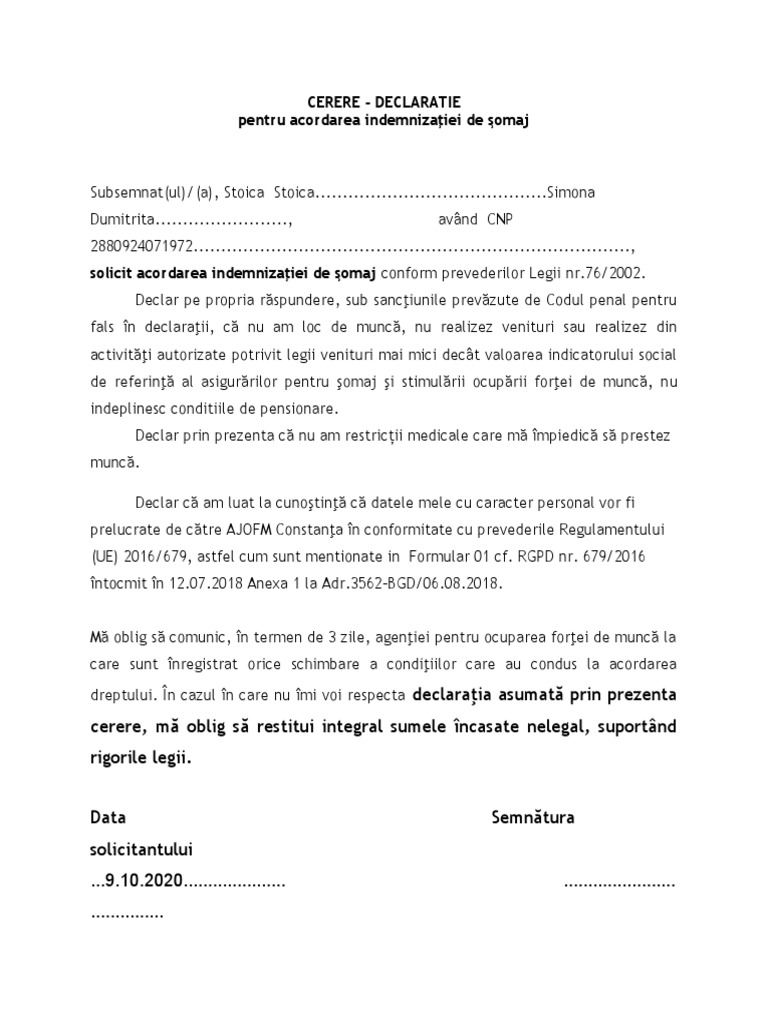 Cerere Indemnizatie Somaj | PDF