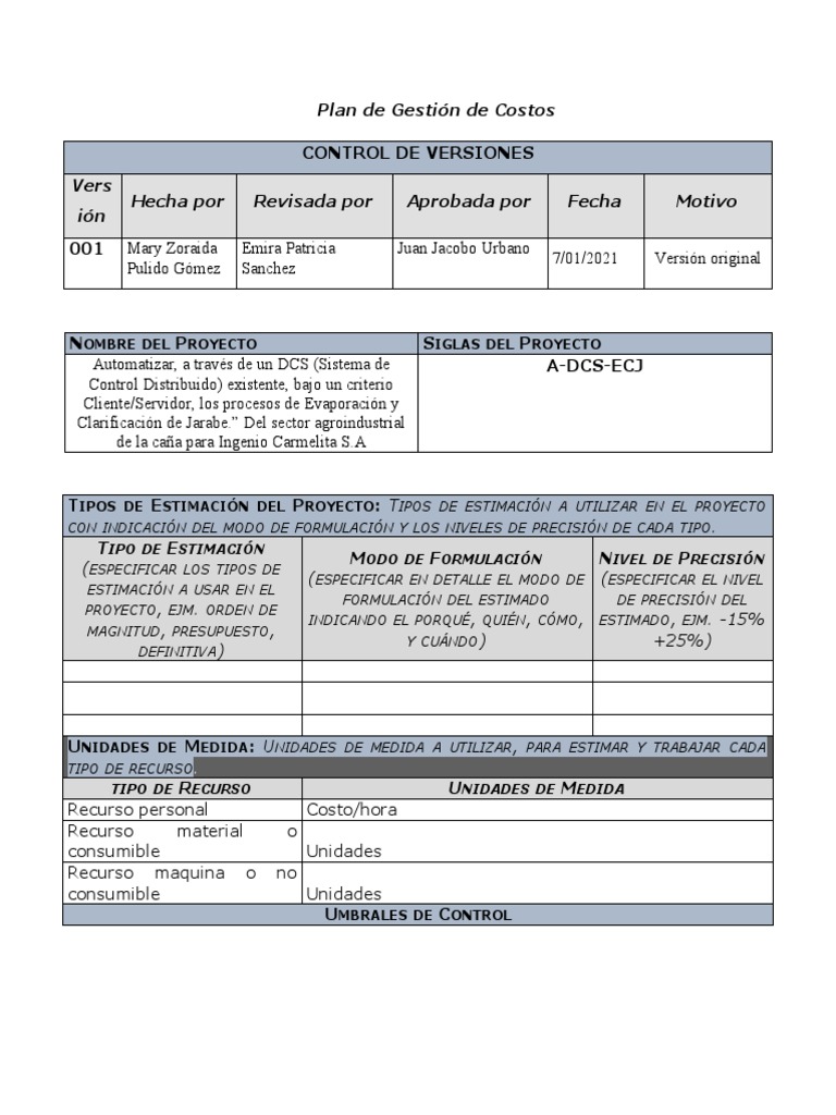 Plan de Gestión de Costos del Proyecto | PDF | Gestión de proyectos ...