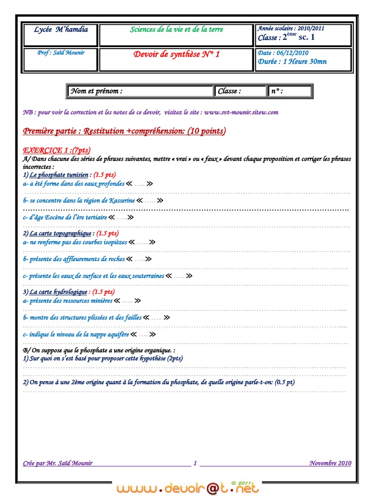 Devoir Corrigé de Synthèse N°1 - SVT - 2ème Sciences (2009-2010) Elève ...