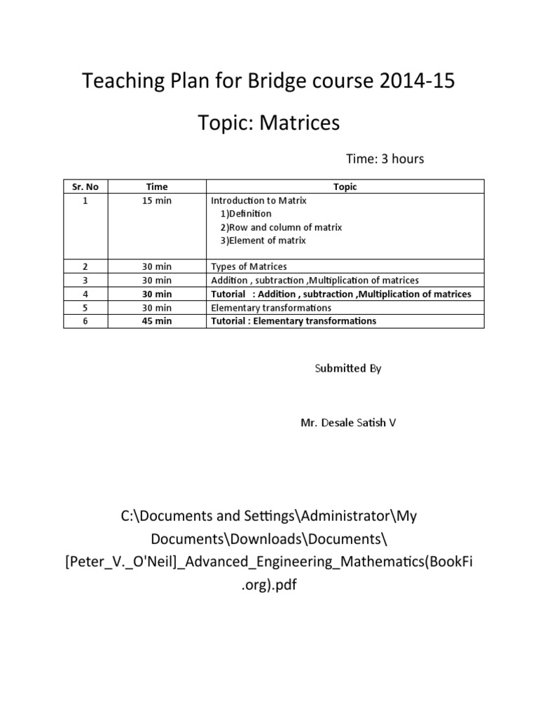 Bridge Course Teaching Plan: Matrices & Preliminaries | PDF