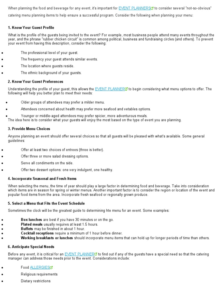 When Planning The Food and Beverage For Any Event | PDF | Kitchen | Menu