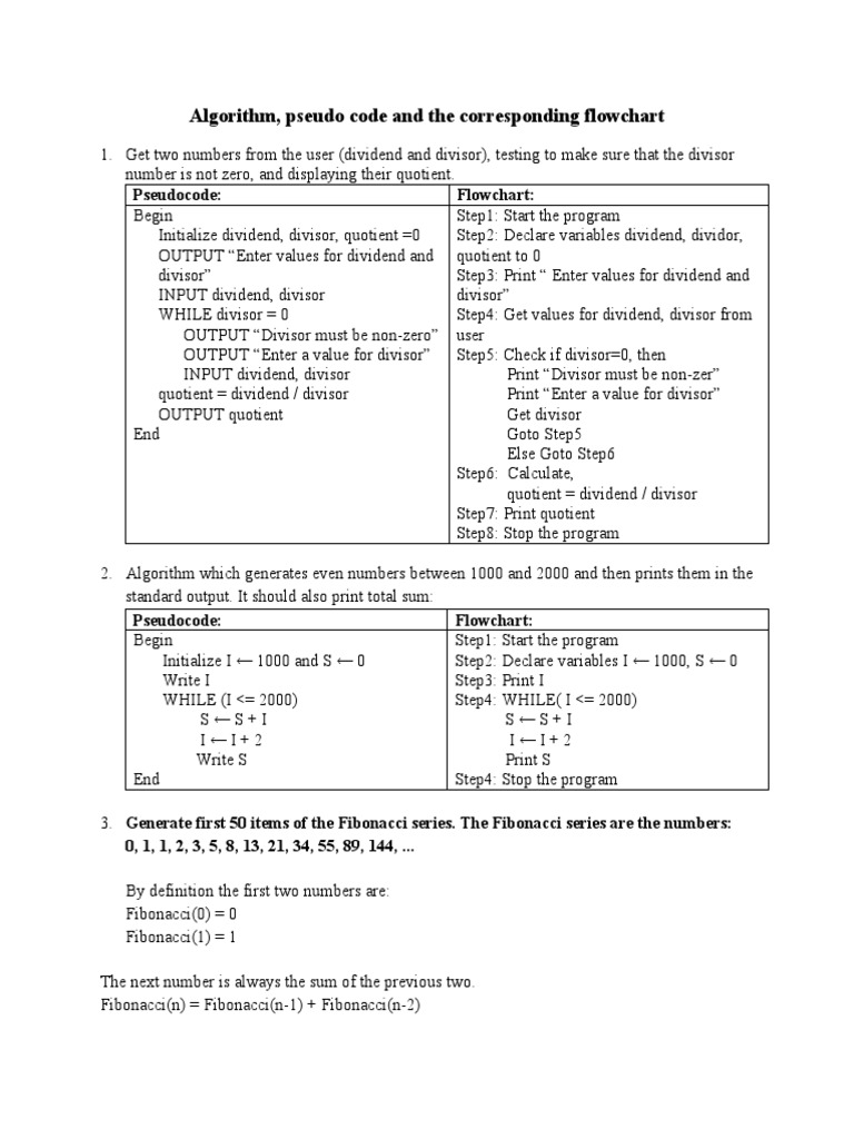 Algorithm, Pseudo Code and The Corresponding Flowchart | PDF | Division ...