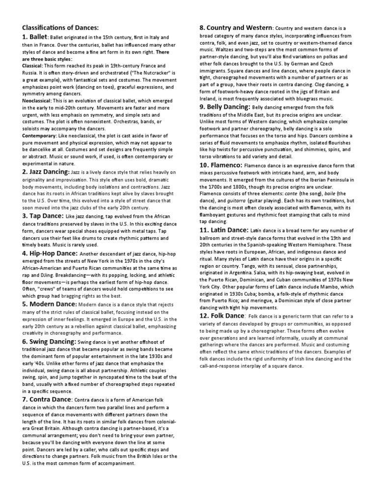 Dance Styles and Classifications Guide | PDF | Dances | Ballet