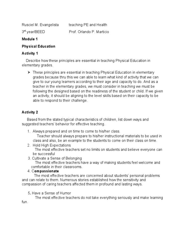 Physical Education Activity 1 Describe How These Principles Are