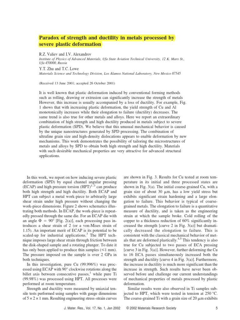 Paradox of Strength and Ductility in Metals Proces | PDF | Deformation ...