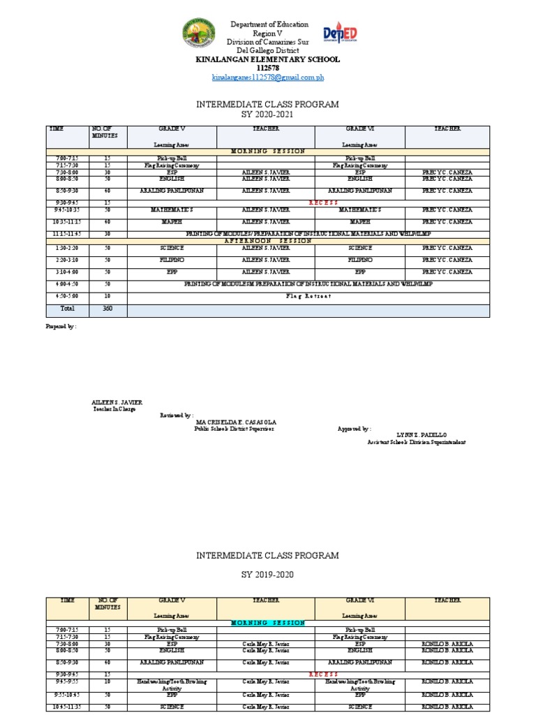 Kinalangan Elementary School Class Schedule | PDF | Further Education ...
