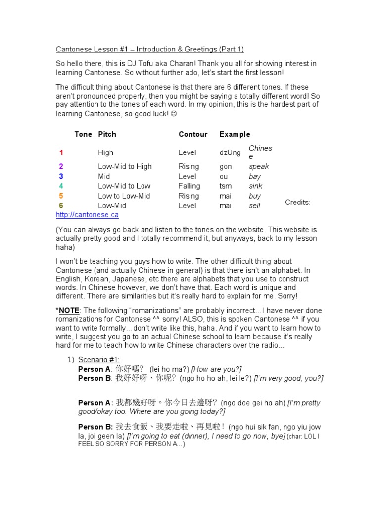 Cantonese Lesson 1 Pdf Tone Linguistics Languages Of China