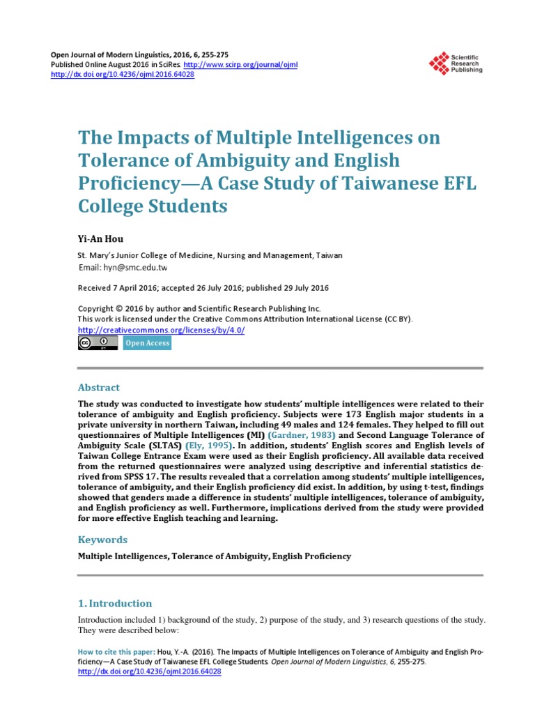 Correlation Among Multiple Intelligences Ambiguity Tolerance And