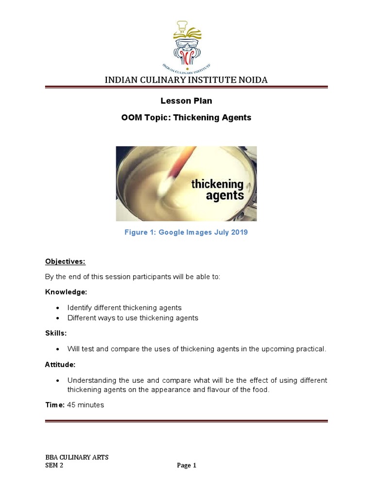 Indian Culinary Institute Noida Lesson Plan OOM Topic Thickening Agents PDF Lesson Plan