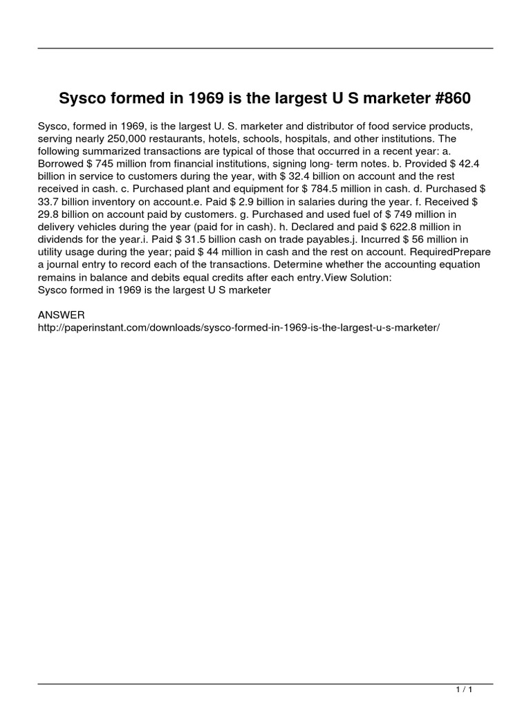 Sysco Formed in 1969 Is The Largest U S Marketer PDF | PDF