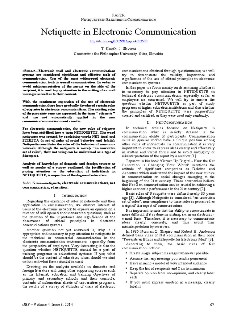 Netiquette in Electronic Communication Analysis of the Importance and