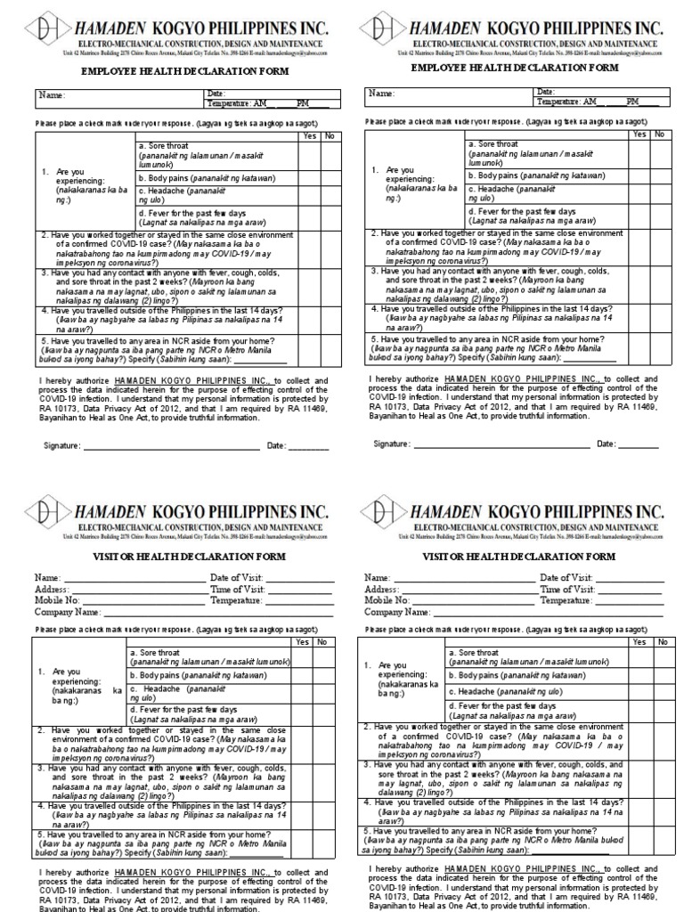 Employee Health Declaration Form PDF Metro Manila Common Cold