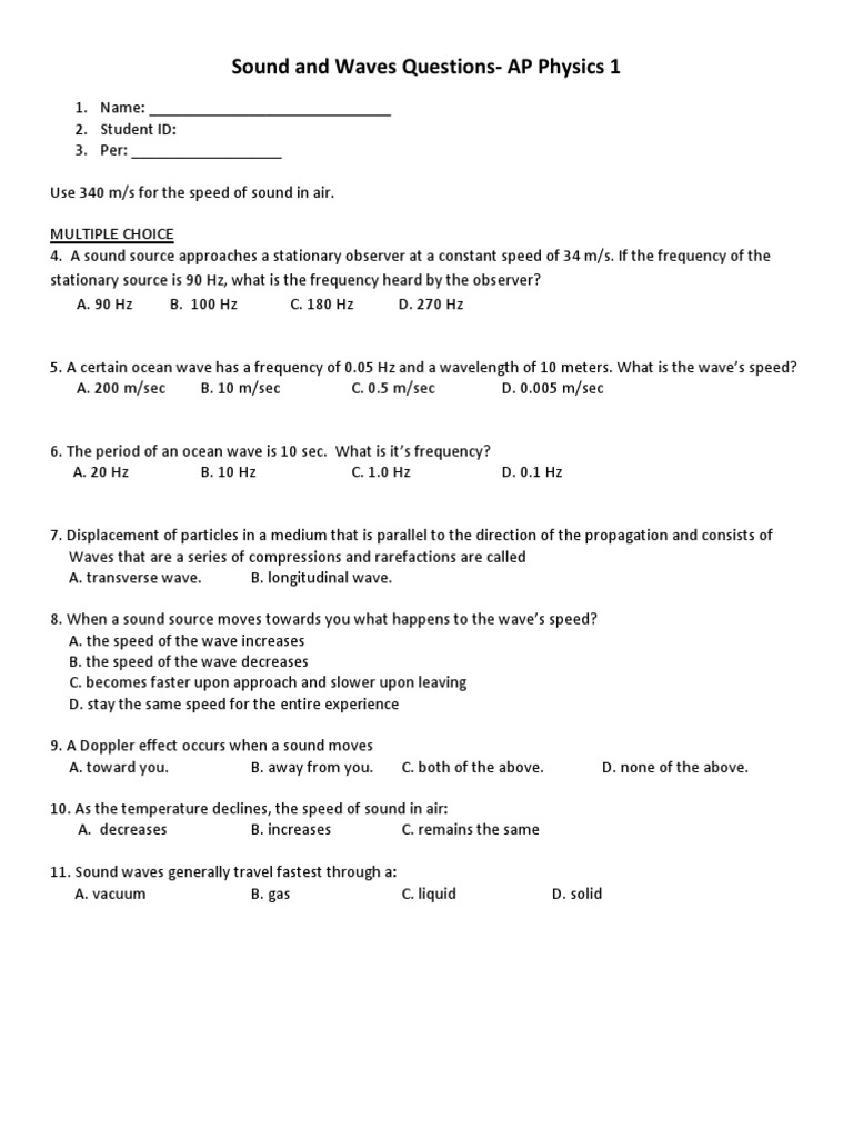 AP Physics 1 Sound and Waves Exam | PDF