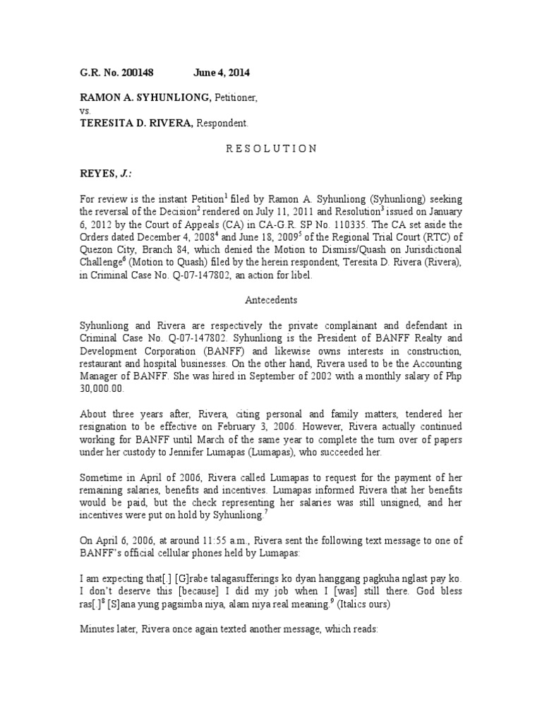 Syhunliong vs. Rivera Full Text PDF Defamation Statute Of Limitations