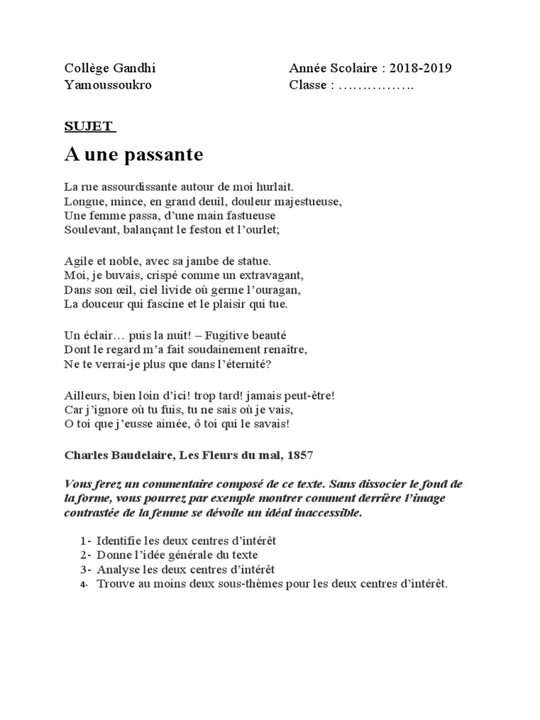 A une passante analyse linéaire A une passante Intro Charles Baudelaire né en 1821 et mort