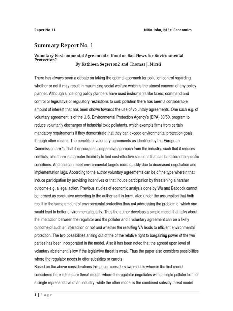 Summary Report On Voluntary Environmental Agreements Good Or Bad News For Environmental Protection Environmental Protection United States Environmental Protection Agency