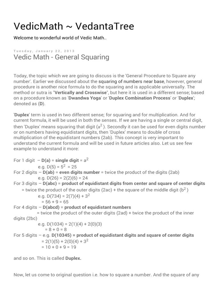 Vedic Math General Squaring Pdf Numbers Communication