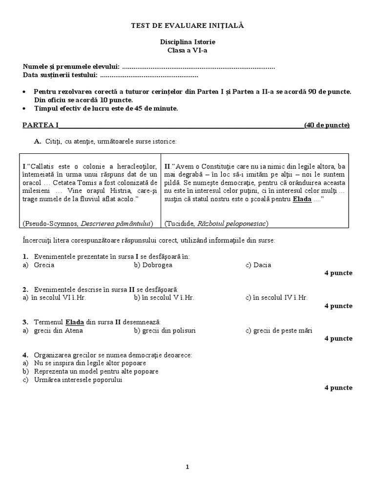 Test de Evaluare Initiala | PDF
