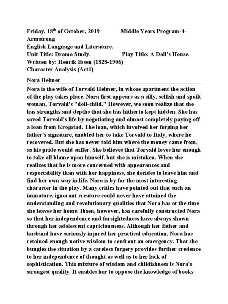 A Doll's House Character Analysis PDF A Doll's House