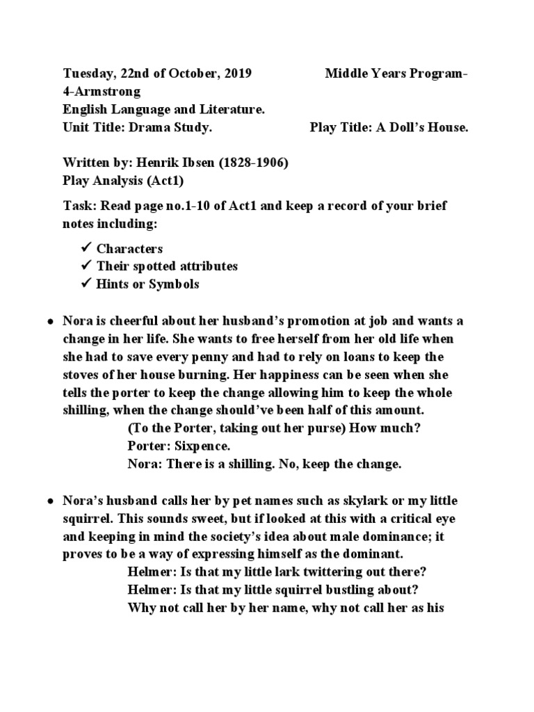 A Doll's House Act1 Analysis PDF A Doll's House