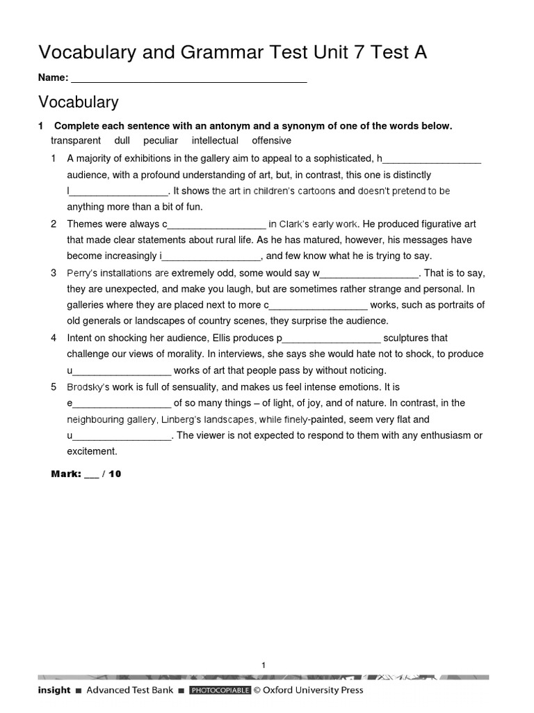 Vocabulary & Grammar Test Unit 7 Test A-1-4 | PDF | Sculpture ...
