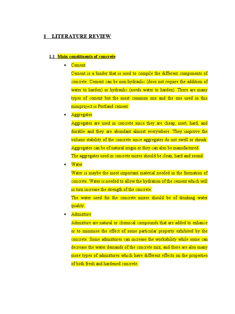 Miniproject Concrete Literature Review PDF Concrete Cement