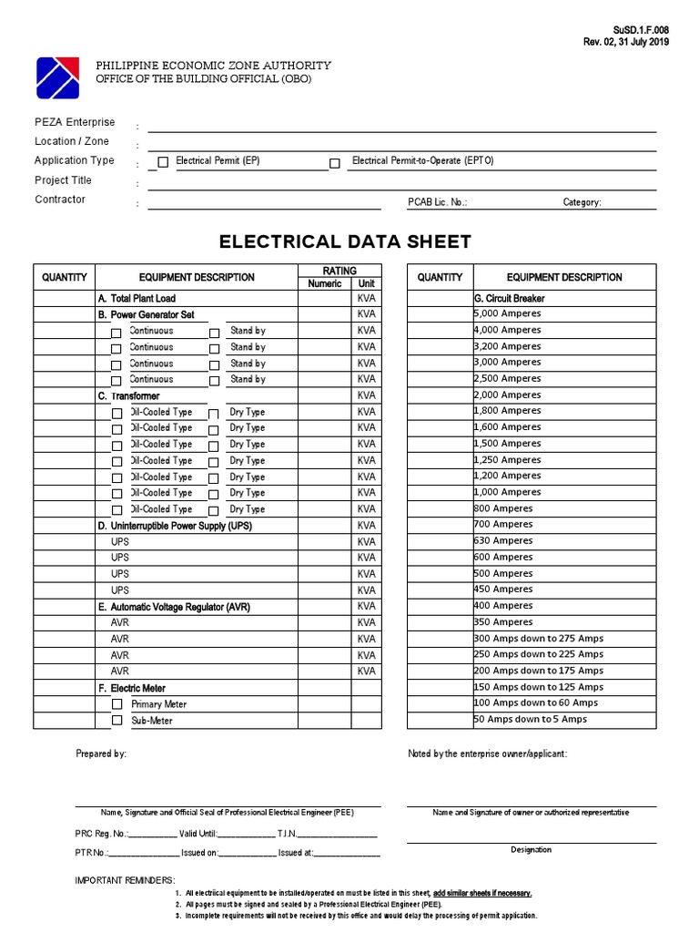 PEZA Electrical Data Sheet Template | PDF | Power Supply | Metrology