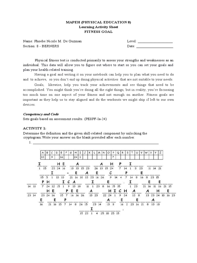Fitness Goal Setting for PE 8 Students | PDF | Physical Fitness ...
