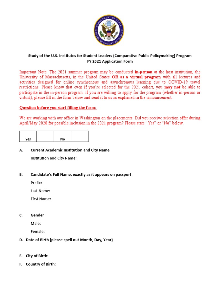 2021 U.S. Student Leaders Program Application | PDF | Family | Policy