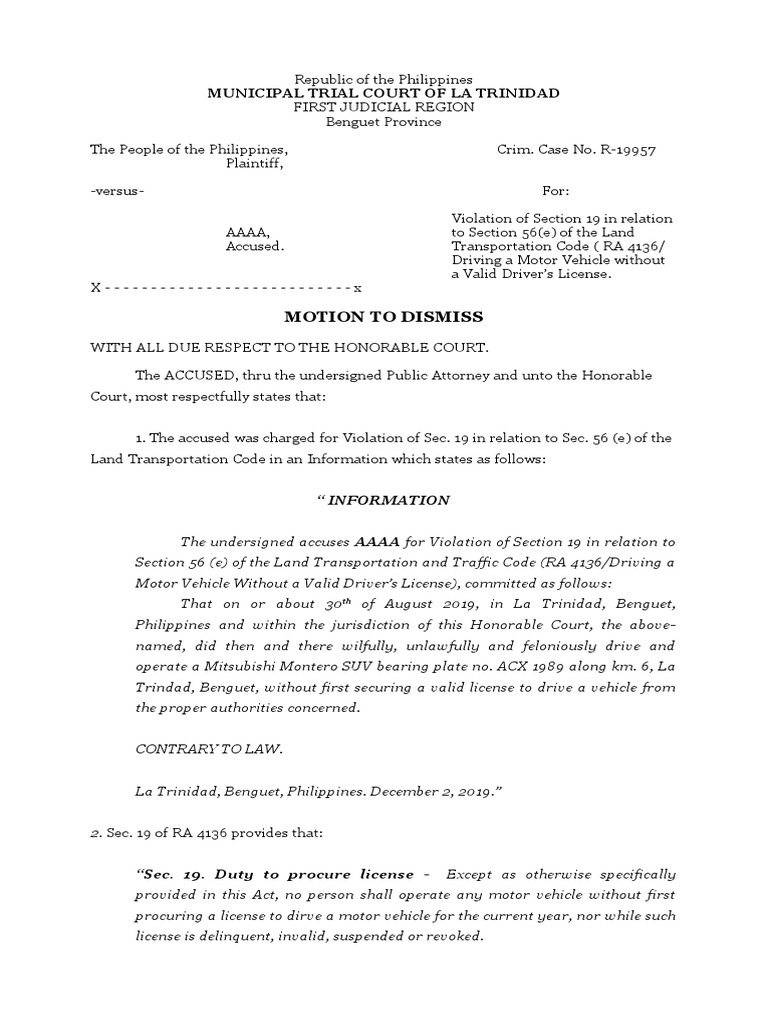 Motion To Dismiss Based On The Doctrine of Exhaustion of Administrative