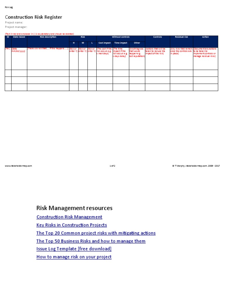 Construction Risk Register Template | PDF