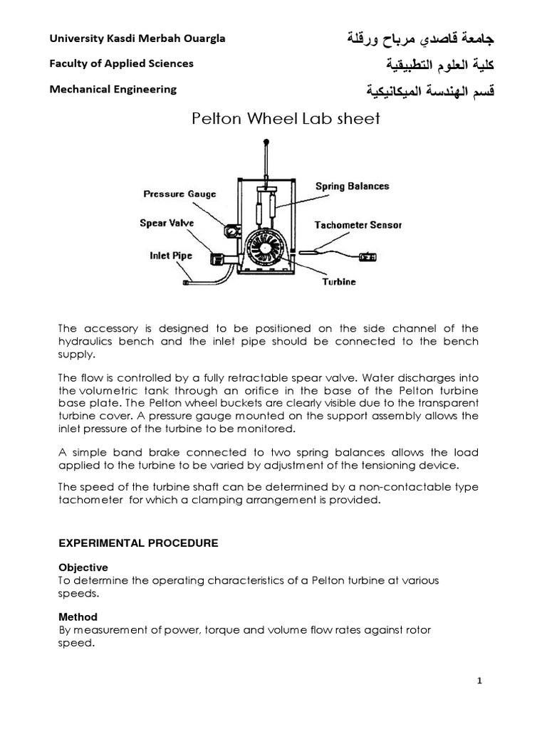 Pelton Turbine Experiment Overview | PDF | Turbine | Flow Measurement
