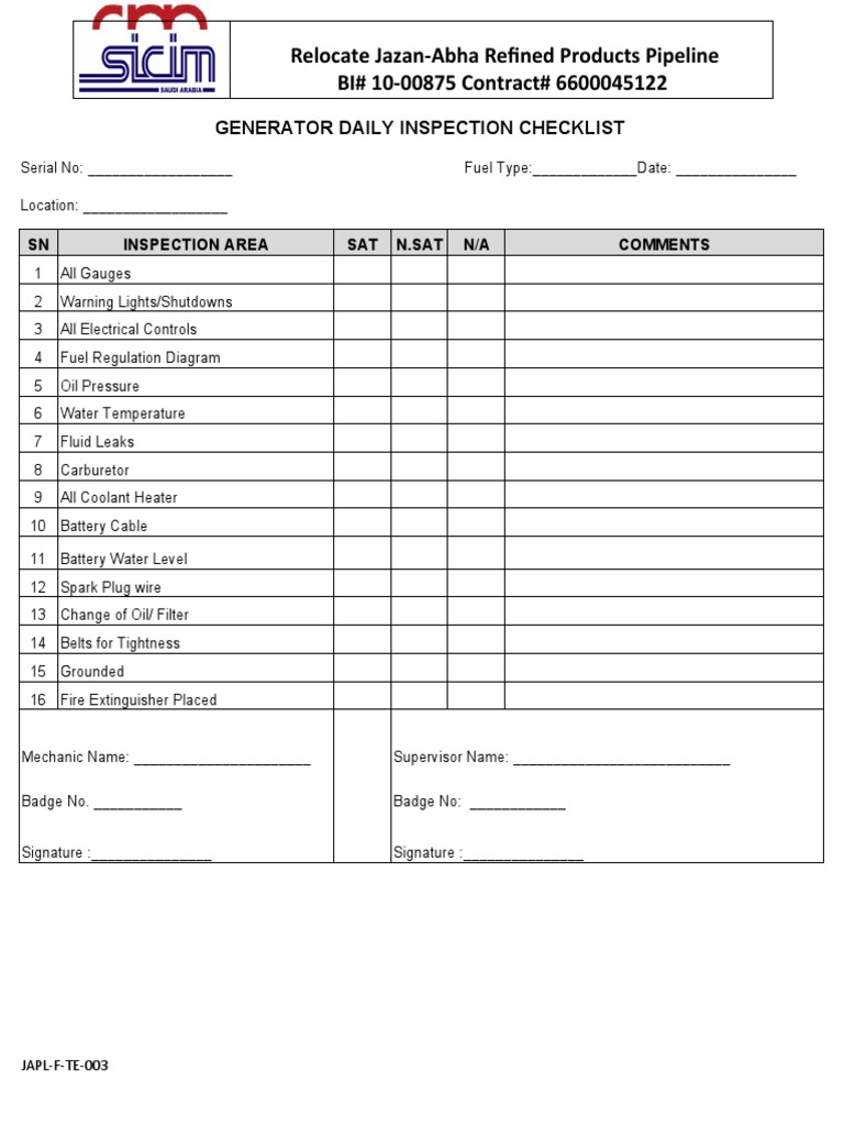 Diesel Generator Daily Inspection Checklist | PDF | Business ...