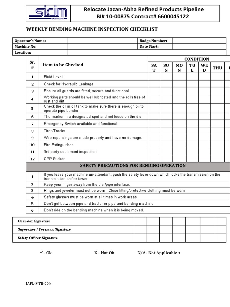 JAPLFTE004Bending Machine Checklists PDF