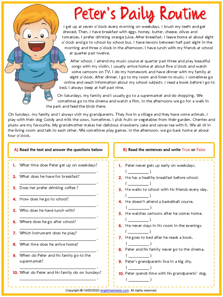 Present Simple Peters Daily Routine Esl Reading Comprehension Worksheet Pdf Food And Drink Cookbooks Food Wine