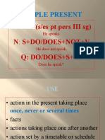 Simple Present: A: S+V (S/es PT Pers III SG) N: S+Do/Does+Not+V Q: DO/DOES+S+V?