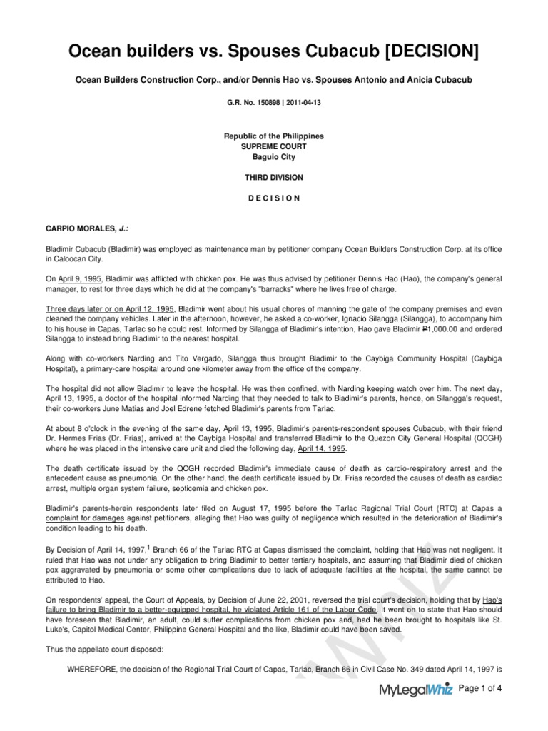Ocean Builders vs. Spouses Cubacub (DECISION) | PDF | Employment | Nursing