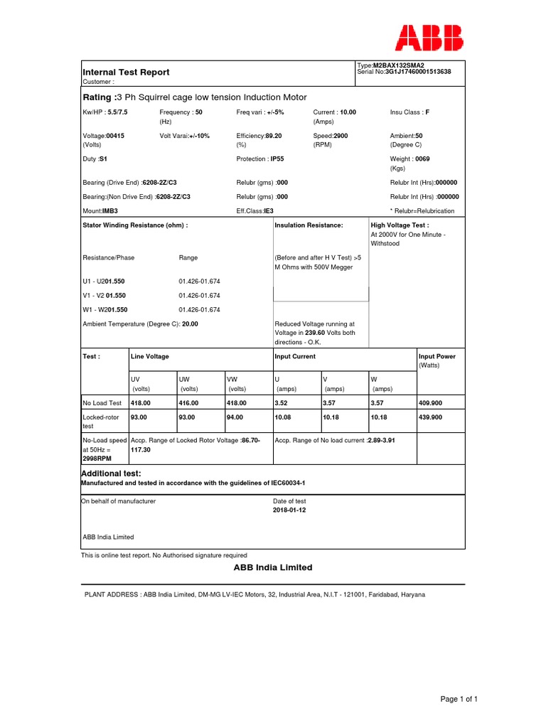 5.5kW Squirrel Cage Induction Motor Test Report | PDF | Electrical ...