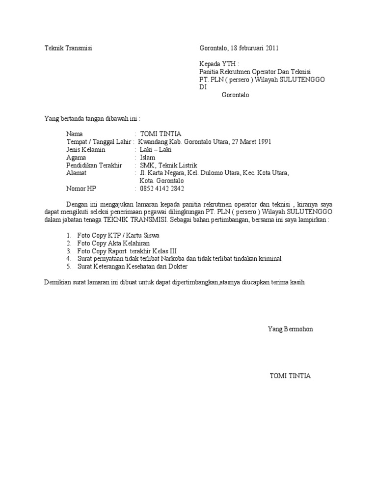 Surat Lamaran Di Pt Pln Persero Pdf